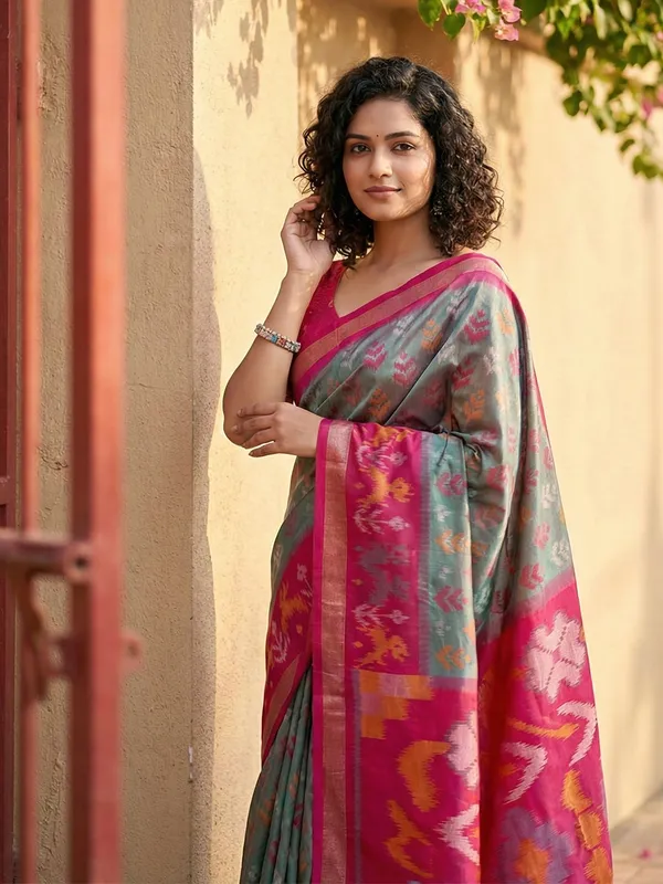 Steel_Grey_Pink_Patola_Inspired_Woven_Tassel_Pallu_Saree_For_Women
