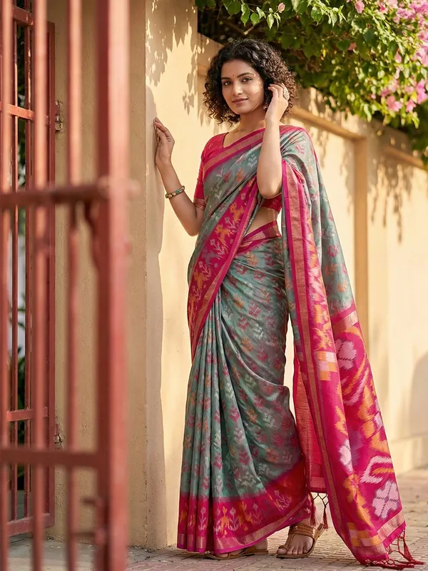 Steel_Grey_Pink_Patola_Inspired_Woven_Tassel_Pallu_Saree_For_Women