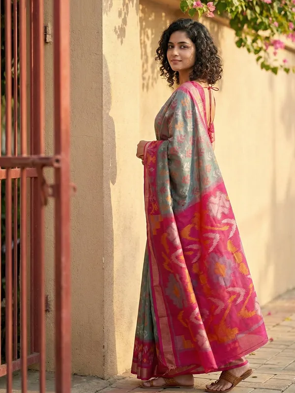 Steel_Grey_Pink_Patola_Inspired_Woven_Tassel_Pallu_Saree_For_Women
