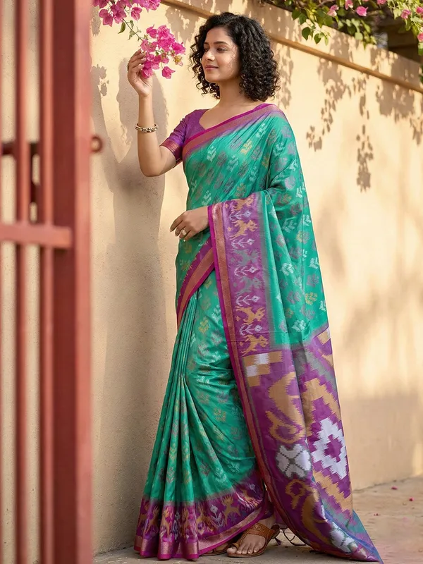 Sea_Green_Patola_Inspired_Woven_Purple_Contrast_Tassel_Pallu_Saree_For_Women