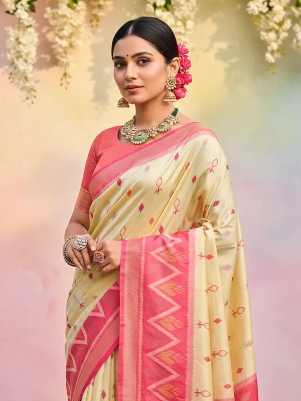 Ivory_Cream_Silk_Woven_Saree_Pink_Contrast_Border_Tassel_Pallu_For_Women