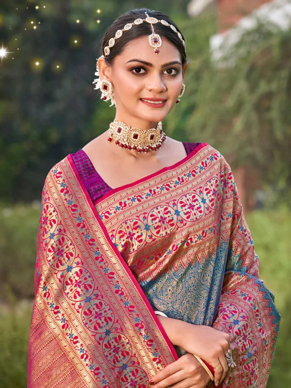 Steel_Blue_Pink_Silk_Zari_Woven_Contrast_Border_Saree_For_Women