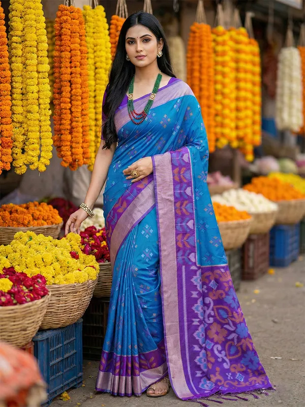Royal_Blue_Purple_Silk_Woven_Contrast_Border_Printed_Pallu_Saree_For_Women