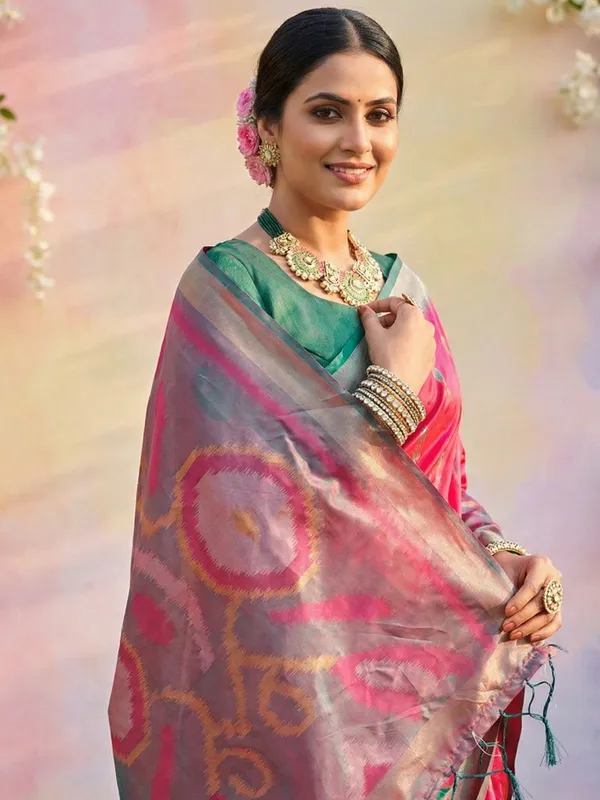 Hot_Pink_Silk_Woven_Grey_Pallu_Green_Border_Saree_For_Women