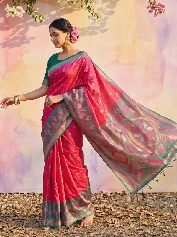 Hot_Pink_Silk_Woven_Grey_Pallu_Green_Border_Saree_For_Women