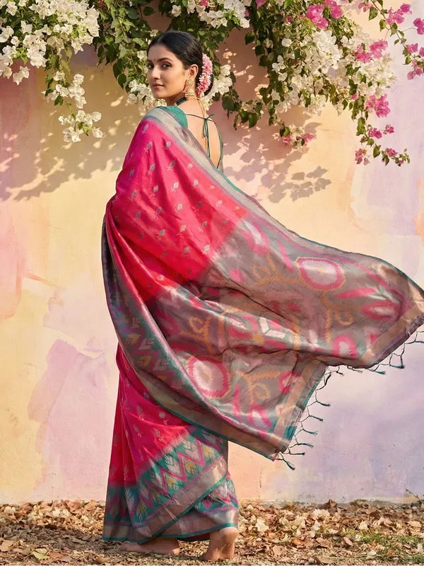 Hot_Pink_Silk_Woven_Grey_Pallu_Green_Border_Saree_For_Women