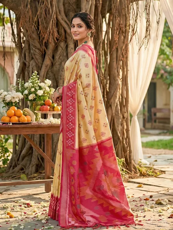 Beige_Cream_Silk_Woven_Pink_Contrast_Border_Pallu_Saree_For_Women