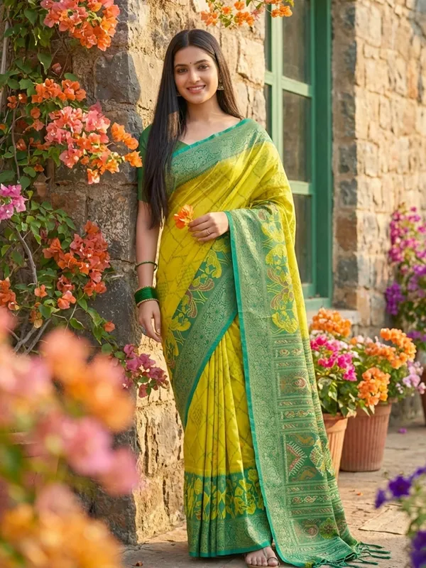 Lime_Yellow_Teal_Contrast_Silk_Woven_Saree_For_Women