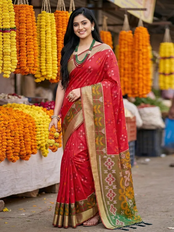 Deep_Red_Olive_Silk_Woven_Printed_Pallu_Saree_For_Women