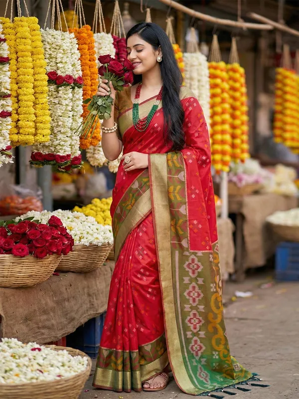 Deep_Red_Olive_Silk_Woven_Printed_Pallu_Saree_For_Women