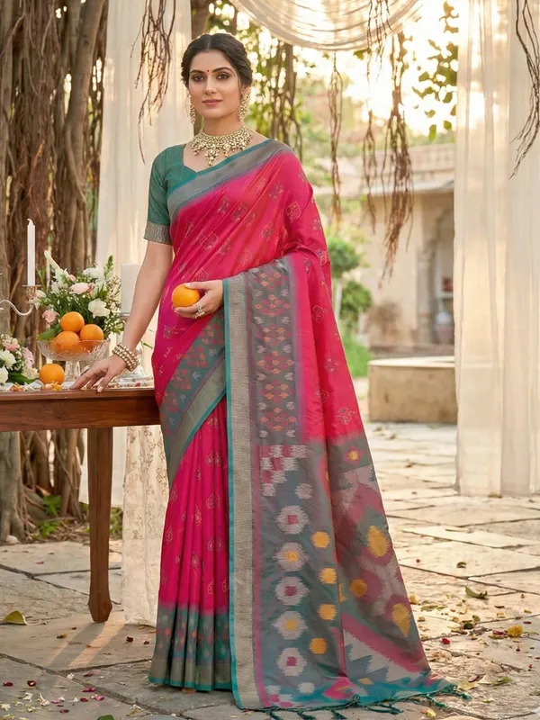 Hot_Pink_Silk_Woven_Saree_Grey_Pallu_Teal_Contrast_Border_For_Women
