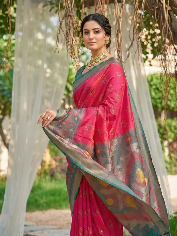 Hot_Pink_Silk_Woven_Saree_Grey_Pallu_Teal_Contrast_Border_For_Women