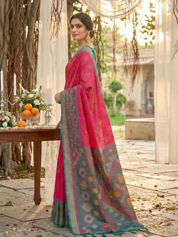 Hot_Pink_Silk_Woven_Saree_Grey_Pallu_Teal_Contrast_Border_For_Women