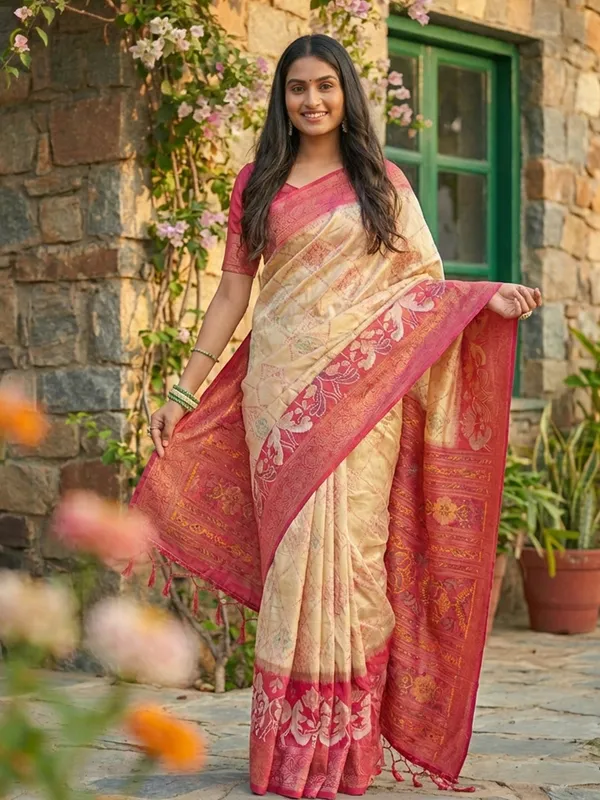 Cream_Ivory_Pink_Silk_Woven_Contrast_Border_Saree_For_Women