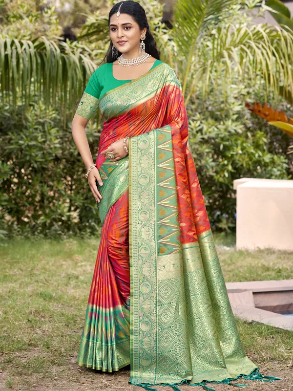 Orange_Green_Silk_Jacquard_Pallu_Woven_Saree_For_Women