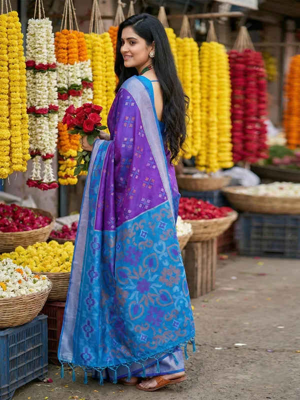 Purple_Sky_Blue_Silk_Woven_Contrast_Border_Printed_Pallu_Saree_For_Women