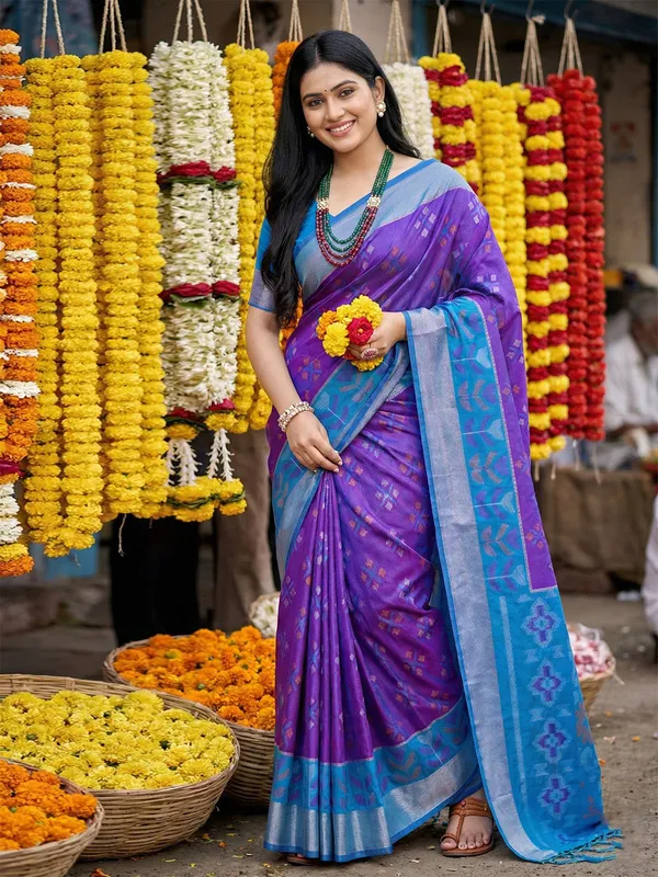Purple_Sky_Blue_Silk_Woven_Contrast_Border_Printed_Pallu_Saree_For_Women