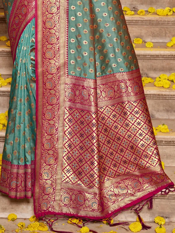 Teal_Green_Magenta_Silk_Zari_Woven_Contrast_Border_Pallu_Saree_For_Women