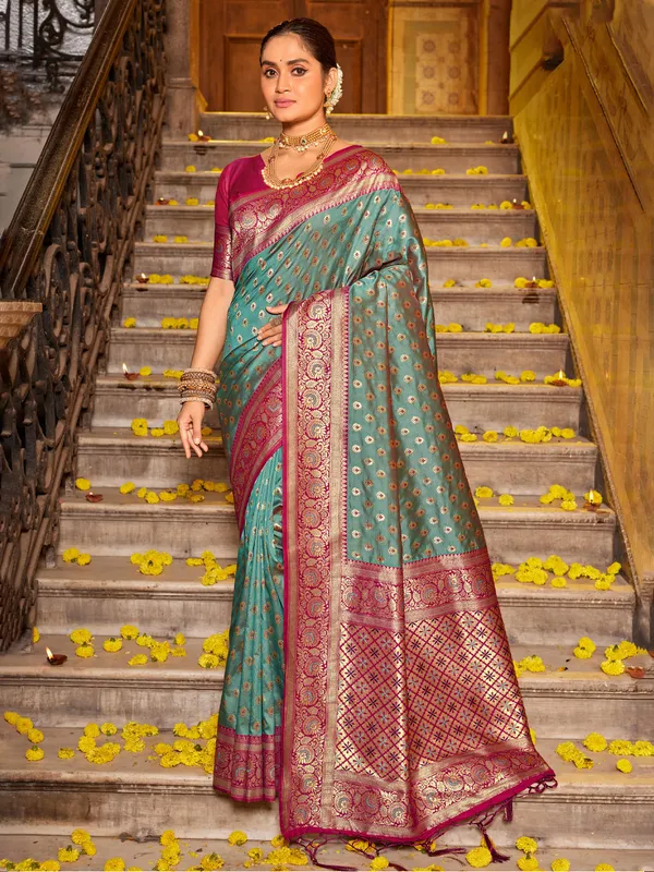 Teal_Green_Magenta_Silk_Zari_Woven_Contrast_Border_Pallu_Saree_For_Women