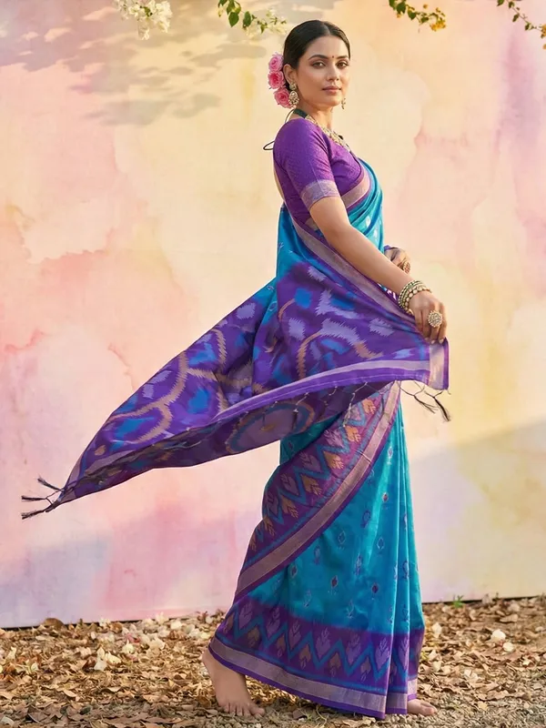Teal_Blue_Purple_Silk_Woven_Contrast_Border_Saree_For_Women