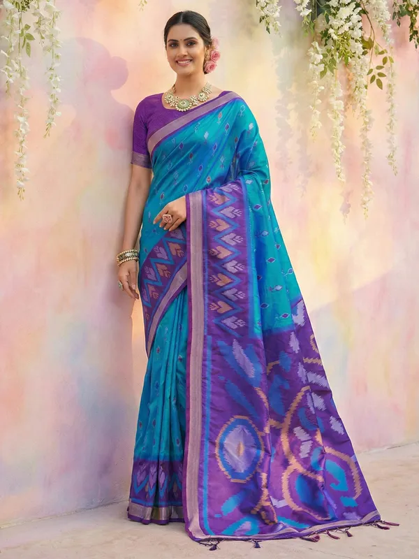 Teal_Blue_Purple_Silk_Woven_Contrast_Border_Saree_For_Women