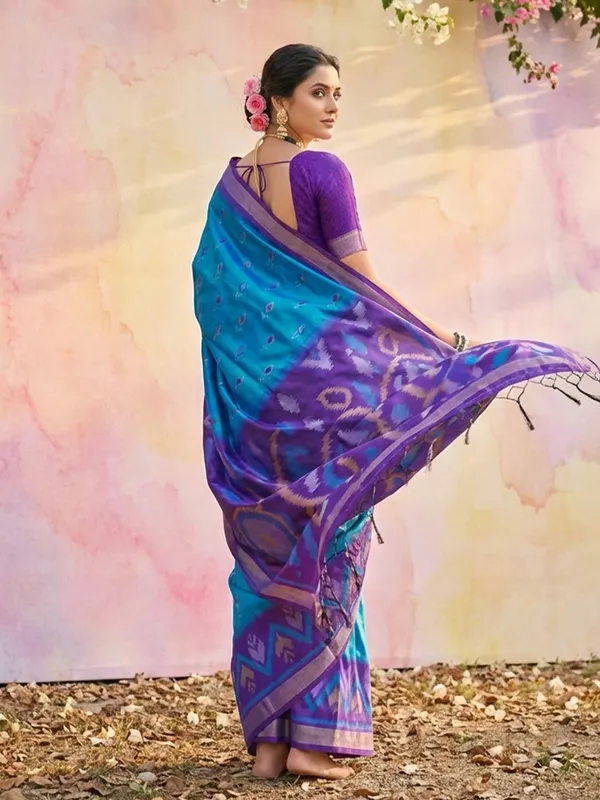 Teal_Blue_Purple_Silk_Woven_Contrast_Border_Saree_For_Women