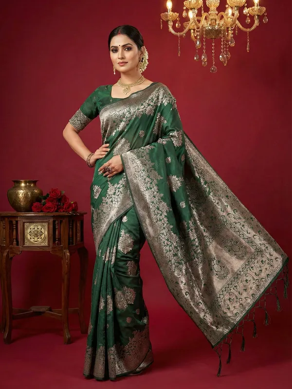 Dark_Green_Banarasi_Silk_Silver_Zari_Woven_Saree_For_Women