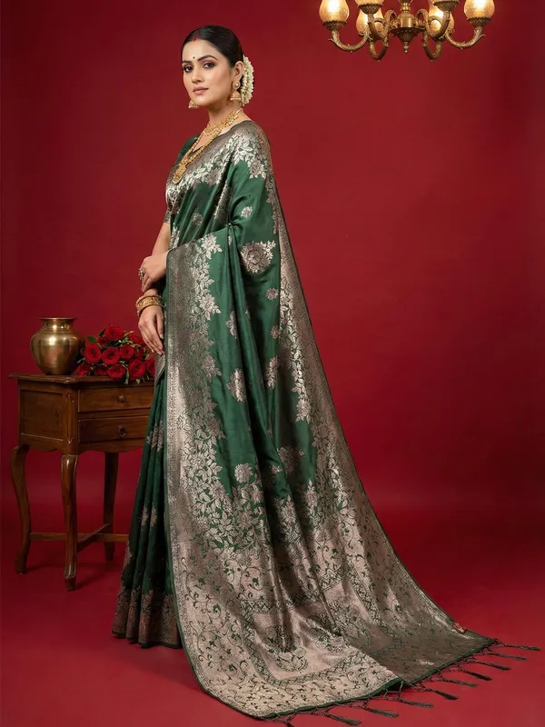Dark_Green_Banarasi_Silk_Silver_Zari_Woven_Saree_For_Women