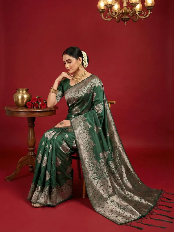 Dark_Green_Banarasi_Silk_Silver_Zari_Woven_Saree_For_Women