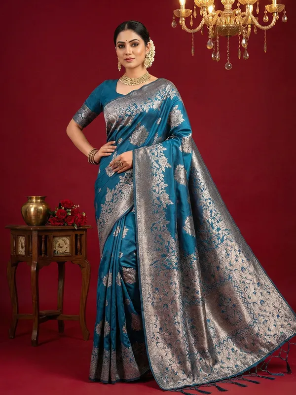 Peacock_Blue_Banarasi_Silk_Silver_Zari_Woven_Saree_For_Women