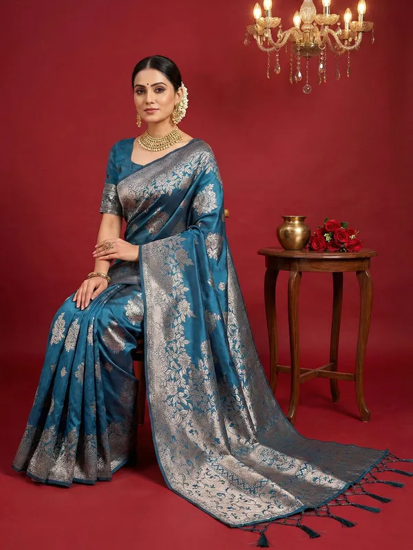 Peacock_Blue_Banarasi_Silk_Silver_Zari_Woven_Saree_For_Women