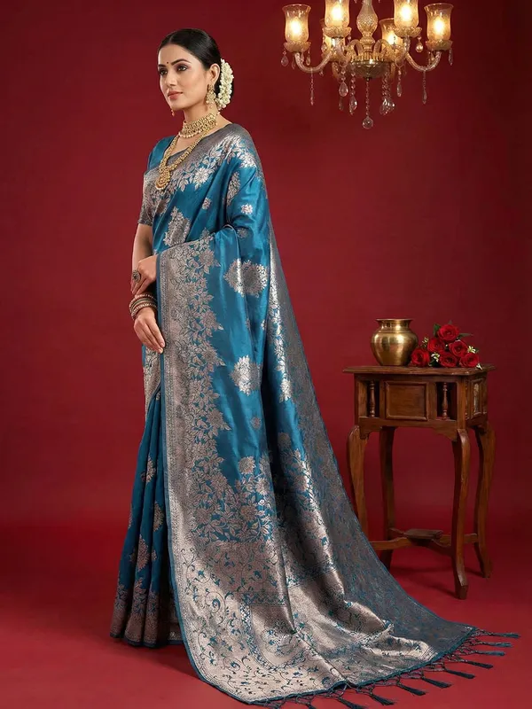 Peacock_Blue_Banarasi_Silk_Silver_Zari_Woven_Saree_For_Women