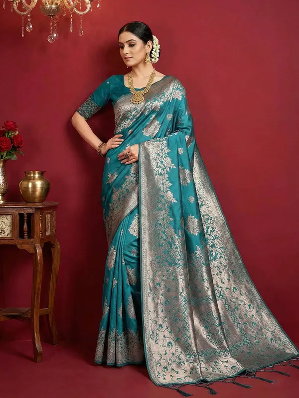 Teal_Blue_Banarasi_Silk_Silver_Zari_Woven_Saree_For_Women