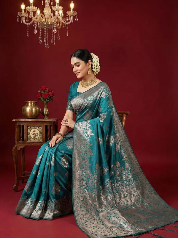 Teal_Blue_Banarasi_Silk_Silver_Zari_Woven_Saree_For_Women