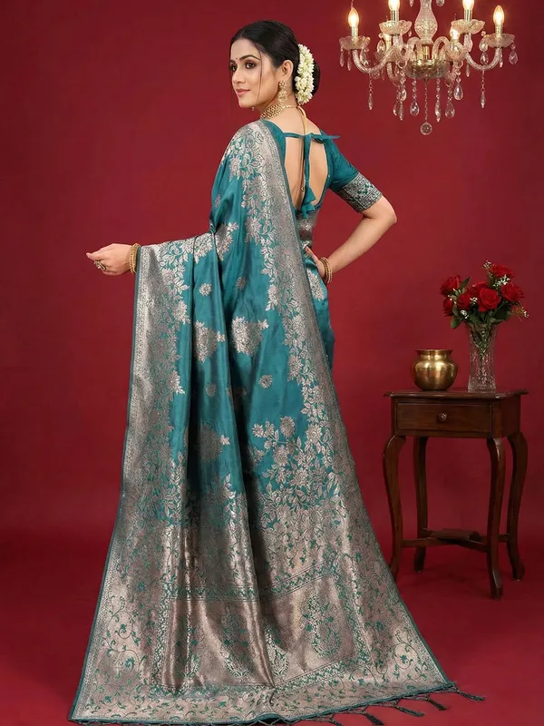 Teal_Blue_Banarasi_Silk_Silver_Zari_Woven_Saree_For_Women