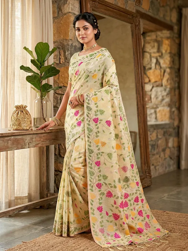 Ivory_Cream_Linen_Floral_Print_Saree_For_Women