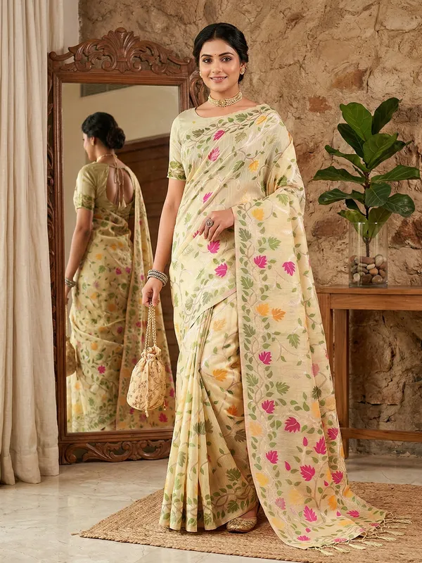 Ivory_Cream_Linen_Floral_Print_Saree_For_Women