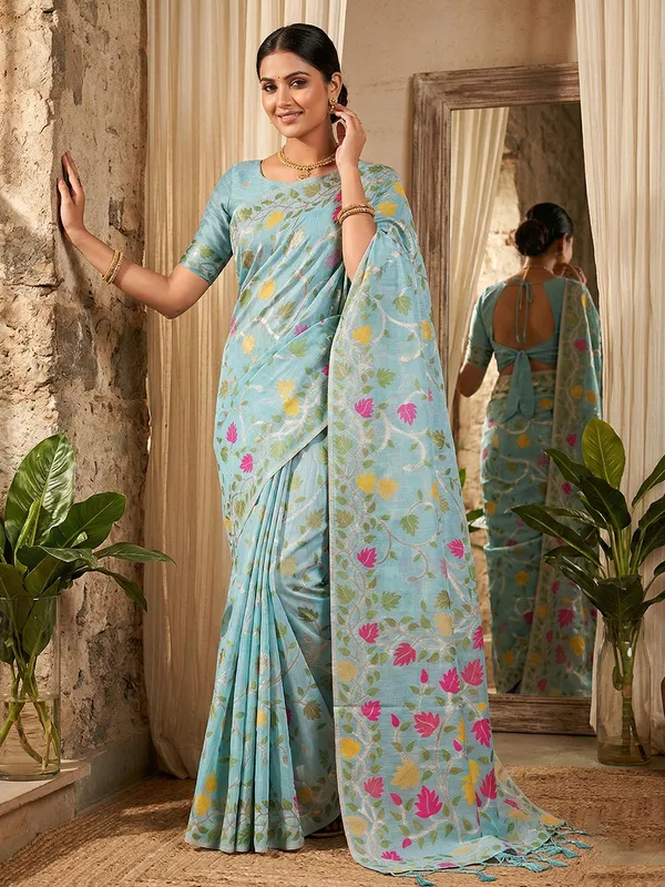 Powder_Blue_Tissue_Linen_Floral_Print_Saree_For_Women