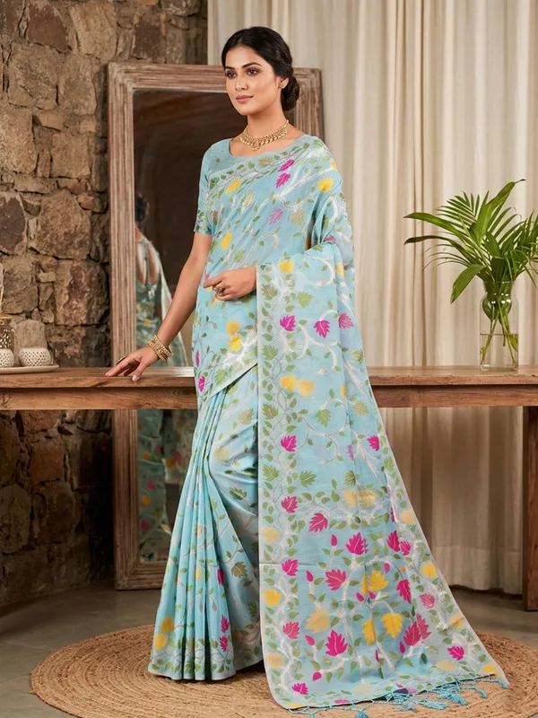 Powder_Blue_Tissue_Linen_Floral_Print_Saree_For_Women