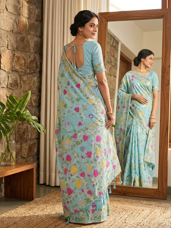 Powder_Blue_Tissue_Linen_Floral_Print_Saree_For_Women