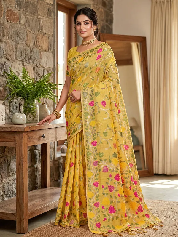 Sunshine_Yellow_Linen_Floral_Print_Saree_For_Women