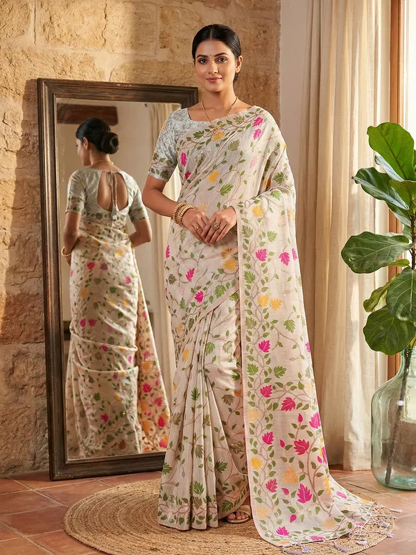 Off_White_Linen_Floral_Print_Saree_For_Women
