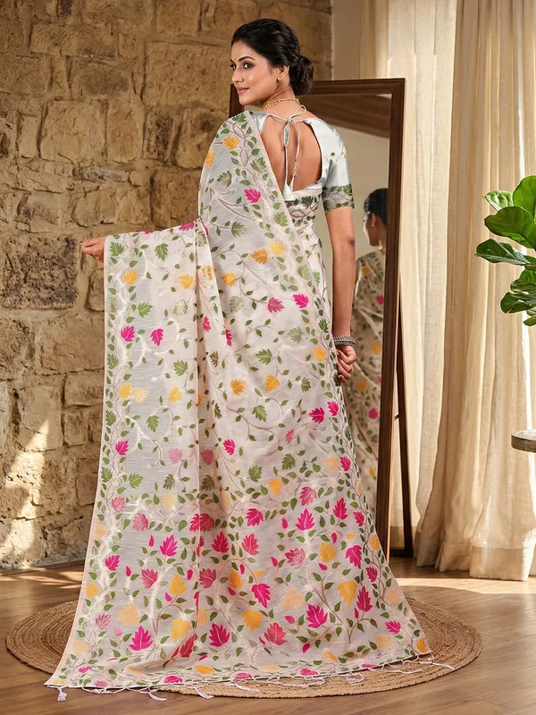 Off_White_Linen_Floral_Print_Saree_For_Women