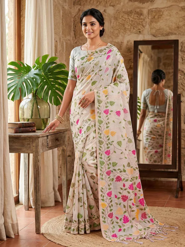 Off_White_Linen_Floral_Print_Saree_For_Women
