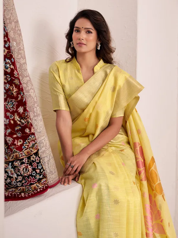 Lemon_Yellow_Linen_Floral_Print_Saree_For_Women