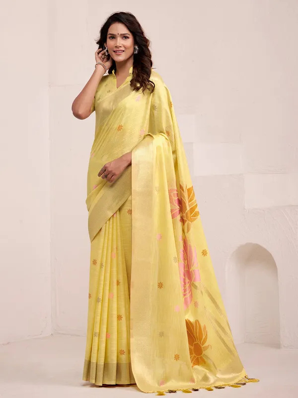 Lemon_Yellow_Linen_Floral_Print_Saree_For_Women