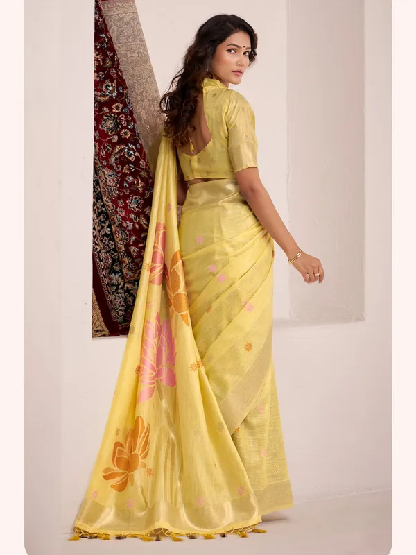 Lemon_Yellow_Linen_Floral_Print_Saree_For_Women