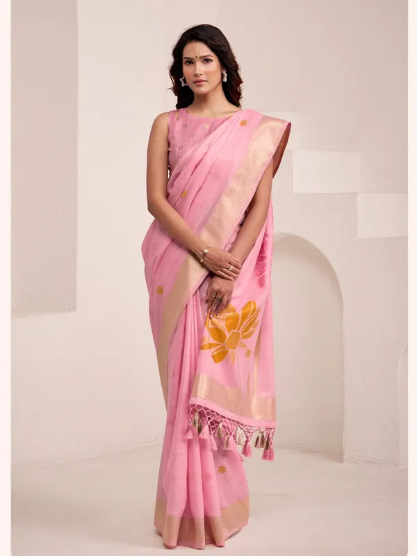 Baby_Pink_Linen_Floral_Print_Saree_For_Women