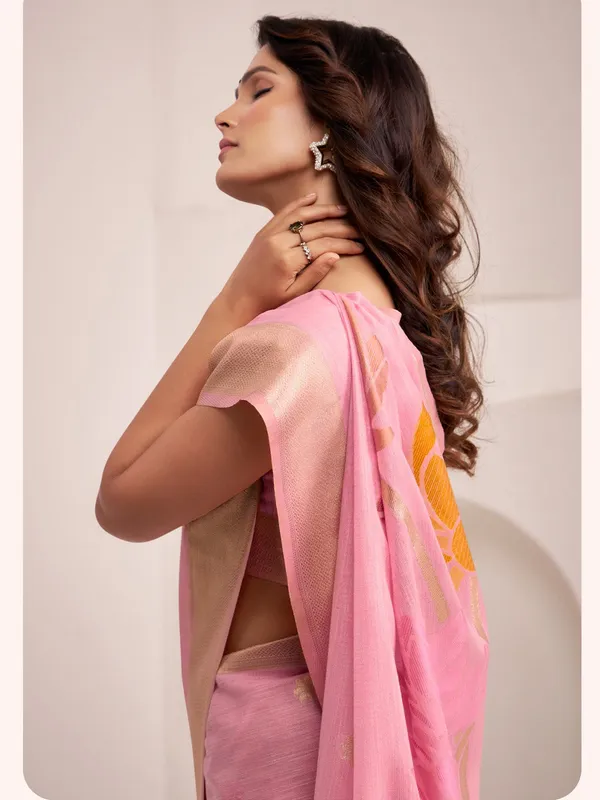 Baby_Pink_Linen_Floral_Print_Saree_For_Women
