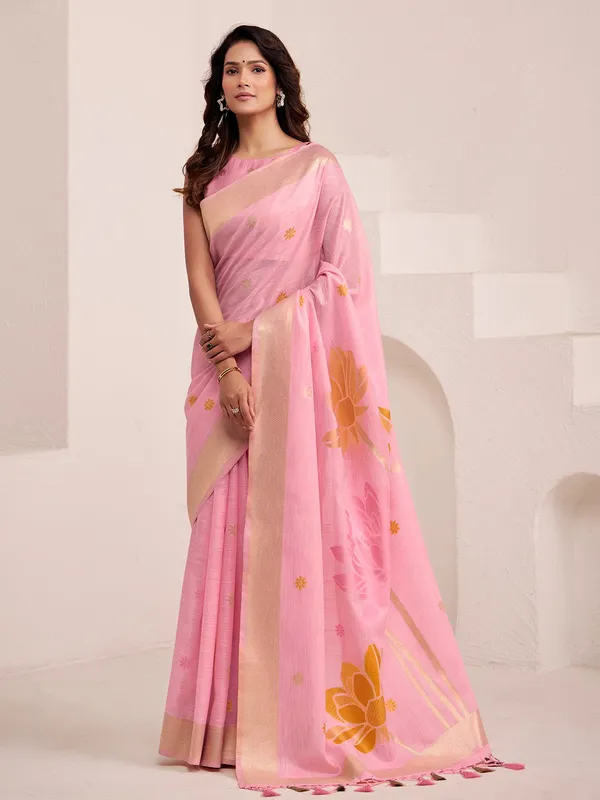 Baby_Pink_Linen_Floral_Print_Saree_For_Women